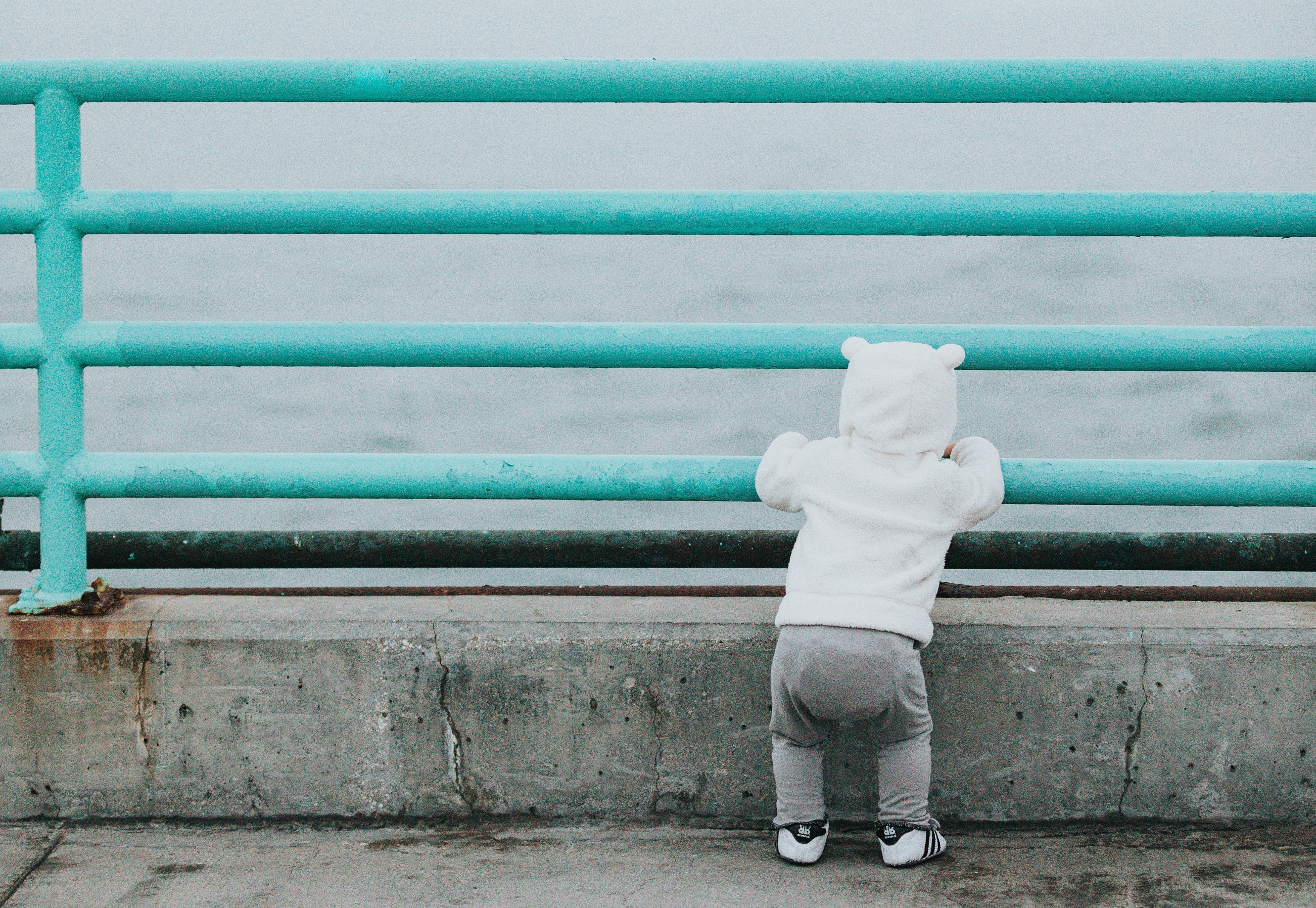 child looking over railing at ocean