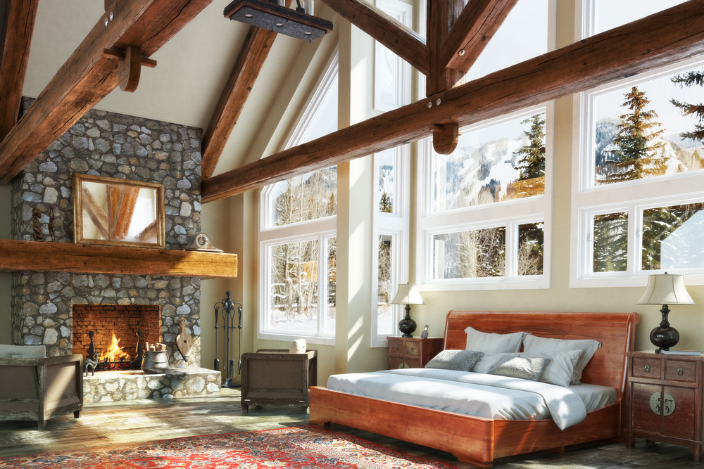 Luxurious,Open,Floor,Cabin,Interior,Bedroom,Design,With,Roaring,Fireplace windows